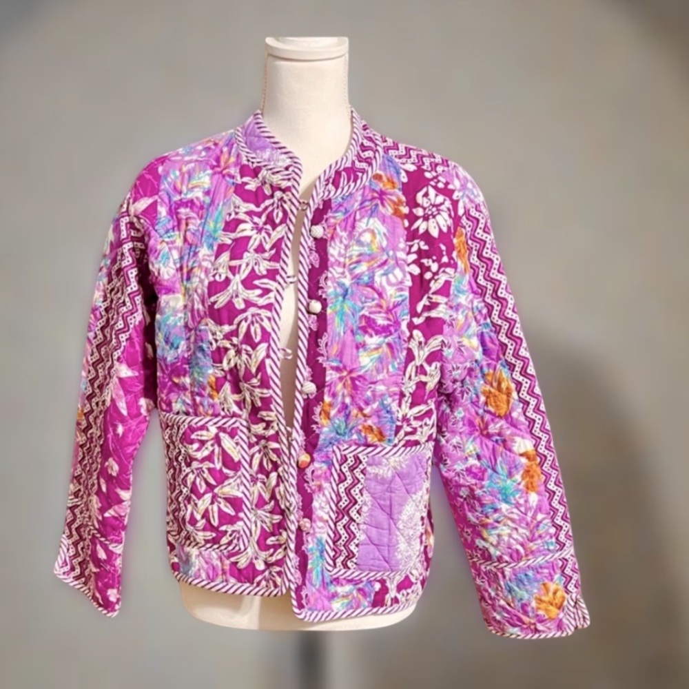 Quilted jacket Floral Patch Work Jacket 2 front pockets Handmade L New Boutique